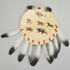 Native American painted leather pictorial shield- 28"H 19"W