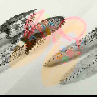 Pair Native American beaded leather moccasins w/ floral motif- 4 1/4"H 11"L 4 1/2"W (few bead losses: Pair Native American beaded leather moccasins w/ floral motif- 4 1/4"H 11"L 4 1/2"W (few bead losses on toe seam)