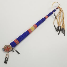 Old Native American beaded awl case w/ tinkle cones- 18"L