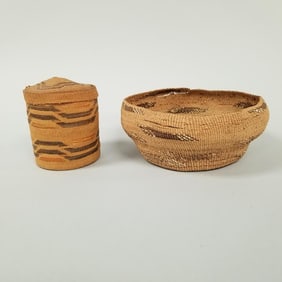 2 Native American woven baskets: 4" Tlingit w/ lid & 7" wide basket- (both as seen, damages)