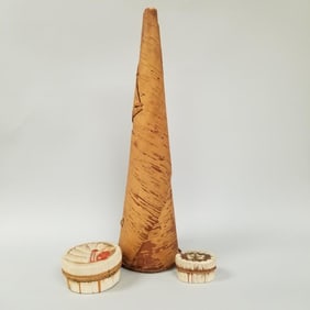 3 items: porcupine quill boxes & birch bark moose call- 27 1/2"H 8"W largest (as seen, quill losses,