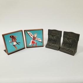 2 pair vintage bookends w/ Native American motif: bronze clad "On Guard" & decorated tiles- 6 1/2"H