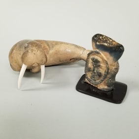 2 Inuit fossilized bone, etc carvings: walrus & signed Pelowook sculpture- 3"H 6 1/2"L 4 3/4"W