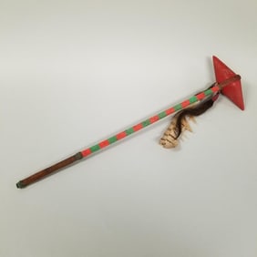 Native American beaded club w/ leather, etc trim- 25 1/2"L 7"W 3"D