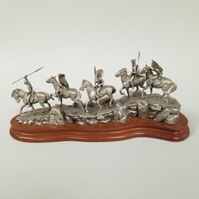 Chilmark pewter Donald Polland Ltd Ed sculpture: "Marauders" on wooden base- #1599/2500 6"H 15"L 5"D