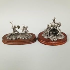 2 Chilmark pewter Donald Polland Ltd Ed sculptures: "Chief Joseph" & "Death Battle" on wooden bases-