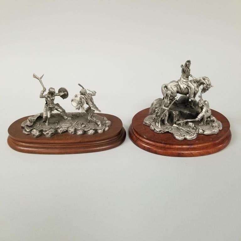 2 Chilmark pewter Donald Polland Ltd Ed sculptures: "Chief Joseph" & "Death Battle" on wooden bases- (1 of 11)