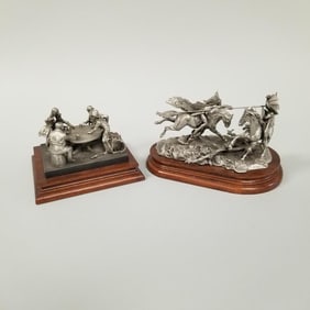 2 Chilmark pewter Donald Polland Ltd Ed sculptures: "When War Chiefs Meet" & "Too Many Aces" on