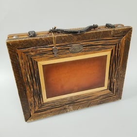 Western Heritage Furniture collector's case- reclaimed wood w/ leather trim & iron handle- 16 1/2"H