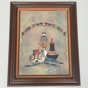 Edwin Morgan signed Southwest sand artwork w/ turquoise bead dated '87- 31"H 25 1/4"W 2"D OD framed