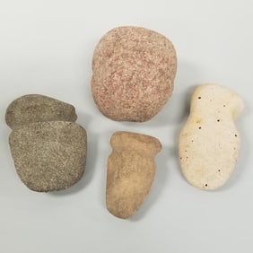 4 Native American stone implements incl axe head, etc- 6" largest