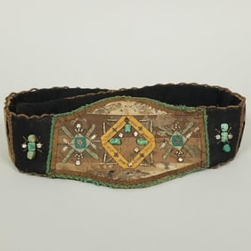 Antique Native American? belt s/w turquoise & clear stones- 30"L (as seen, shows fabric wear, tear)