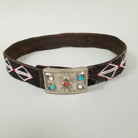 Beaded belt w/ Southwest silver buckle s/w turquoise, etc- 2" x 3 1/2" buckle, 38" total length belt