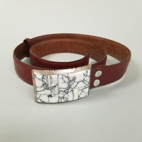Leather belt w/ signed S.F. sterling silver Southwest buckle w/ inlaid stone- 2" x 2 3/8" buckle,