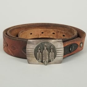 Tooled leather belt w/ signed M.C. Southwest silver buckle w/ feather dangles- 2 1/4" x 1 1/2"