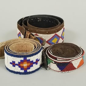 3 Native American style beaded belts- one w/ no buckle- 38" longest (some bead losses)