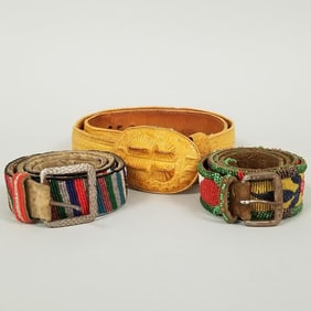 3 belts: two beaded Native American style & one crocodile belt- 44" longest