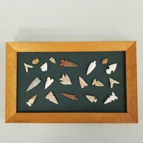 Framed grouping 19 miniature stone points- 1 3/4" largest, 12" x 7 1/2" OD framed