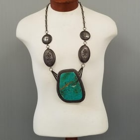 Massive Southwest Steven J Begay slab turquoise & sterling silver necklace, signed SJB- 18toz, 3