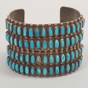 Signed J.M. Begay Southwest 4 row turquoise & sterling silver cuff bracelet- approx 3.5toz, 2"W, 2