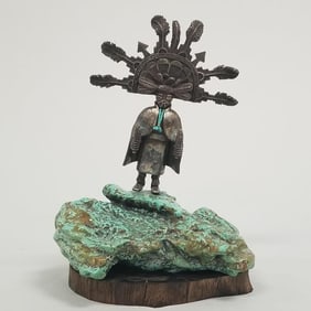 Carol Sues sterling silver Kachina on large turquoise nugget w/ wood base- 6 3/4"H 5 1/4"W 4"D OD,
