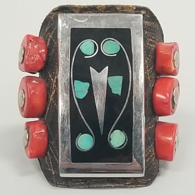 Southwest inlaid silver ketoh w/ branch coral accents- 4 1/4"L, 4"W, adjustable band