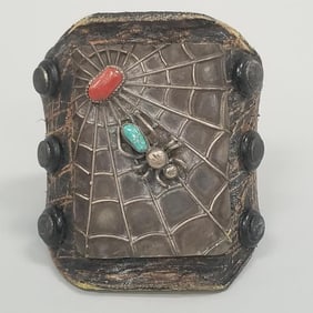 Southwest silver ketoh w/ coral turquoise accents, spider web motif- 3 1/4"W, adjustable band