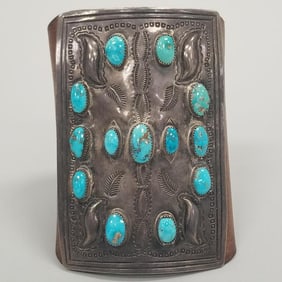 Large Southwest silver & turquoise ketoh- 3" x 4 1/4" rectangle, adjustable band (one snap as is)