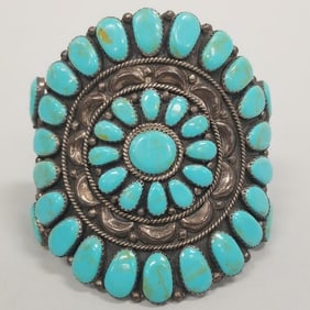 Southwest sterling silver & turquoise cuff bracelet signed JP- 61g, 3"W, 2 3/8" interior diameter, 1