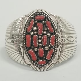 Southwest sterling silver & coral cuff bracelet- signed K- 46g, 2"W, 2 1/4" interior diameter, 1