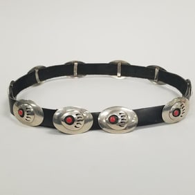 Southwest silver & coral concho belt- shadowbox bear paw design- 204g total incl leather, 36"L belt,