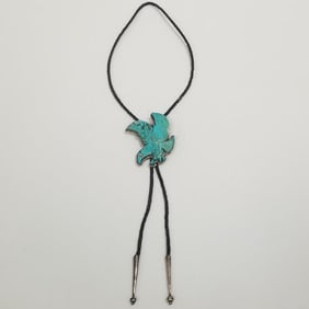 Sterling silver bolo w/ carved turquoise eagle bolo signed JM- 3"L slide, 20 1/2" total length