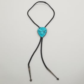 Southwest carved turquoise eagle bolo- 2" x 2 5/8" slide, 21 1/2" total length