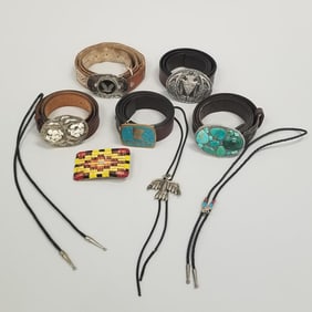 Group Southwest, etc men's belts & bolos incl quill & beadwork, etc buckles- 2 3/4" x 4 1/4" largest