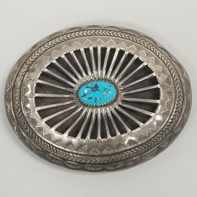 Southwest sterling silver buckle inlaid w/ turquoise signed Carson B- 2 5/8" x 3 1/4"