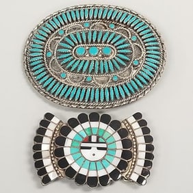 2 Southwest silver belt buckles inlaid w/ turquoise, etc- one marked J.D. Massie- 3" x 3 3/4" larger