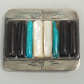 Heavy hallmarked Southwest silver belt buckle inlaid w/ turquoise, MOP, etc- 93g