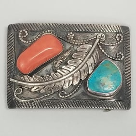 Southwest turquoise & coral inlaid silver belt buckle- 3" x 2 1/8"