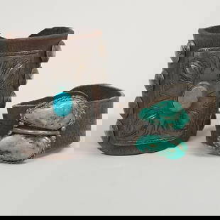2 Southwest leather cuff bracelets: one ketoh style & one w/ sterling silver and turquoise- 3 1/4"W: 2 Southwest leather cuff bracelets: one ketoh style & one w/ sterling silver and turquoise- 3 1/4"W larger