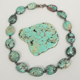 2 items: turquoise/ sterling silver bead necklace& turquoise slab 2 7/8" x 2 1/2"- 18"L necklace