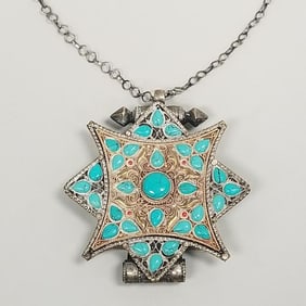 Turquoise inlaid Ghau box/ pendant on chain necklace- 3 1/2" x 4" pendant, 13 1/2"L chain