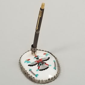 Signed Bobby Concho Zuni pen holder w/ inlaid MOP, turquoise, coral, etc and Parker sterling silver