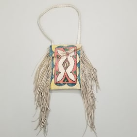 Native American Sioux painted parfleche bag w/ fringe- 10"W 15"H bag only, not including strap &
