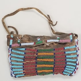 Antique Native American Crow beaded possible bag- 11"L 6 1/2"W 2 1/2"D (as seen, leather hard, torn,