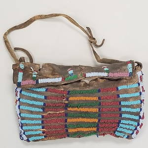 Antique Native American Crow beaded possible bag- 11"L 6 1/2"W 2 1/2"D (as seen, leather hard, torn,