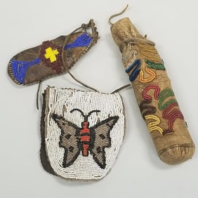 3 small old beaded Native American leather items: incl. pouch- 7" longest, 4" widest (some as seen-