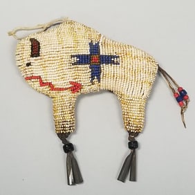 Beaded leather bison fetish w/ tinkle cones- 5 1/4"L 4 3/4"W 3 1/4"D