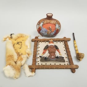 4 Native American motif items: pipe, plaque, vase, & 16"L fur/ artwork (as seen, losses)- 14 1/4"