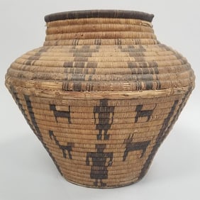 Large antique Native American Apache olla basket w/ figural motif- 14"H 16"diameter (as is, losses,