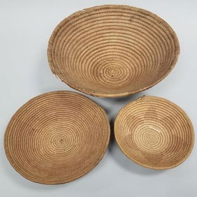 3 vintage Native American woven baskets incl two Jicarilla Apache- 6 1/2"H 18" diameter largest (as